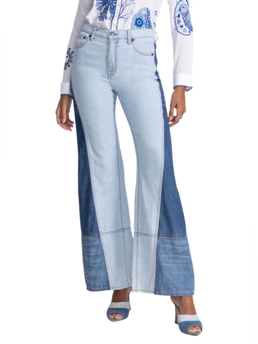 NEW Size 30 Johnny Was The Pieced Two Tone Mid Rise Cotton Straight Flare Jean